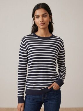Club Monaco Navy and White Striped Crewneck Sweater